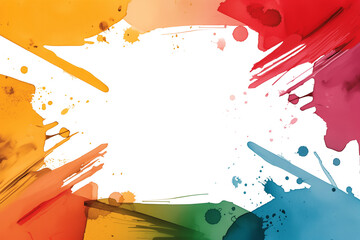 Poster - Colorful paint splashes form vibrant frame on white background, creating dynamic and artistic border. rainbow theme adds lively and creative touch to design