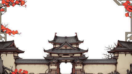 Poster - Traditional Japanese castle illustration with ornate architecture and vibrant red foliage framing scene, evoking sense of historical elegance and cultural richness