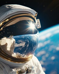 Aufkleber - Astronaut Helmet Reflecting Earth While Gazing Into the Cosmos With Distant Planets Shimmering