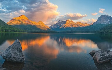 Wall Mural - Golden hour over a mountain lake, with the setting sun casting a warm glow on the distant peaks and the lake's surface, creating a mesmerizing play of light and color.