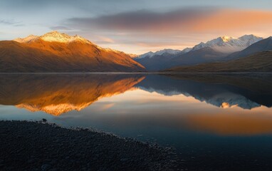 Wall Mural - Golden hour over a mountain lake, with the setting sun casting a warm glow on the distant peaks and the lake's surface, creating a mesmerizing play of light and color.