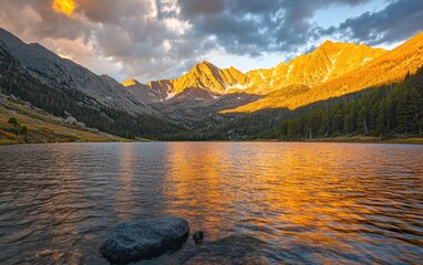 Wall Mural - Golden hour over a mountain lake, with the setting sun casting a warm glow on the distant peaks and the lake's surface, creating a mesmerizing play of light and color.