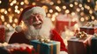 © Lush Diaries - Jolly Santa Claus laughs heartily amidst a pile of Christmas gifts, surrounded by warm, golden lights.