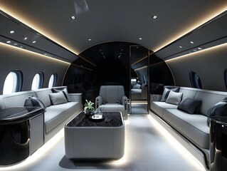 Poster - Sleek private jet interior with minimalist design and refined finishes. Spacious seating and soft lighting for a luxurious in-flight experience.