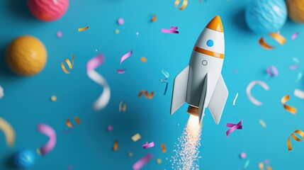galaxy outer space party a colorful rocket soaring through confetti against a blue background.