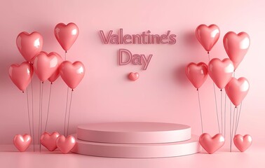 Poster - 3D rendering of Valentine's Day background with podium and heart-shaped balloons, in pink color theme. Text 
