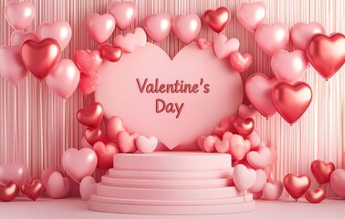 Poster - 3D rendering of Valentine's Day background with podium and heart-shaped balloons, in pink color theme. Text 