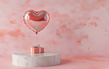 Poster - 3D rendering of a Valentine's Day background with a podium, gift box, and heart-shaped balloon on a pink pastel color background.