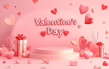 Poster - 3D rendering of a Valentine's Day background with a podium, gift box, and heart flying on a pink pastel color background. A Valentine's Day celebration