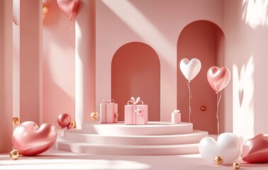 Poster - 3D rendering of a Valentine's Day background with a podium, gift box, and heart-shaped balloon on a pink pastel color background.