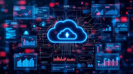 Poster - digital interface with cloud icons and graphs representing cloud cost management and optimization
