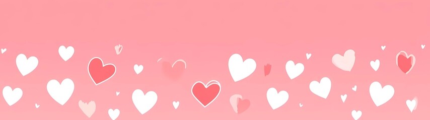 Pink background with white and red hearts, a seamless vector pattern with a pink heart border, a simple flat illustration in pastel colors