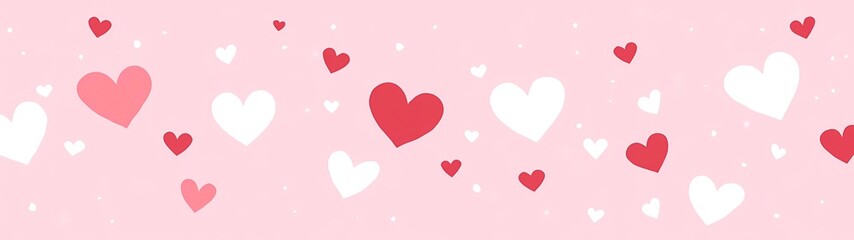 Pink background with white and red hearts, a seamless vector pattern with a pink heart border, a simple flat illustration in pastel colors
