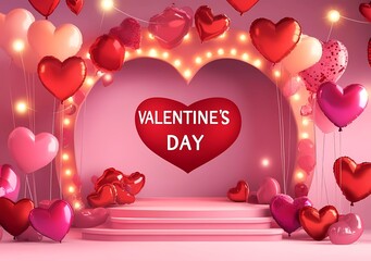 Poster - Valentine's Day sales podium background with heart shaped balloons and lights for product presentation template vector illustration, 