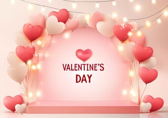 Poster - Valentine's Day sales podium background with heart shaped balloons and lights for product presentation template vector illustration, 
