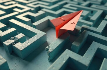 Wall Mural - Maze concept. Overcoming the barriers. Conquering the obstacles. Way to success and business solutions. Exit strategy. Paper plane breaking through the maze on business office background. 