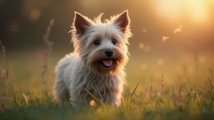 Wall Mural - A small white dog standing in a grassy field