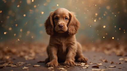 Wall Mural - A small brown dog sitting on the ground surrounded by leaves