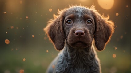 Wall Mural - A brown dog sitting on top of a lush green field