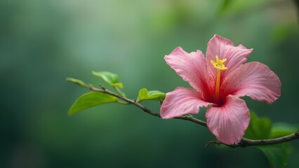 Poster - A pink flower on a branch with green leaves