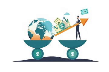 Poster - A man is standing on a scale with a globe and a stack of money