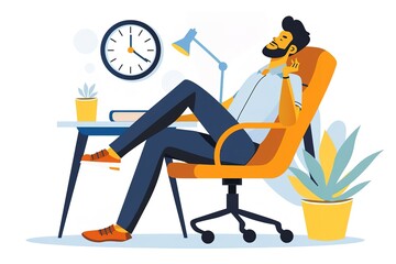 Poster - A man is sitting in an office chair with a clock on the wall behind him