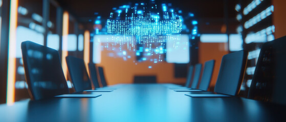 Poster - futuristic conference room with glowing holographic display above long table, surrounded by sleek chairs. atmosphere is modern and tech savvy, ideal for innovative discussions