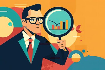 Poster - A man is holding a magnifying glass and looking at a graph