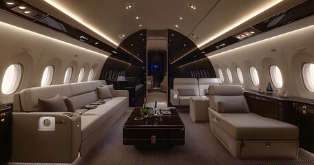 Poster - Sophisticated private plane interior with sleek finishes and modern furniture. Soft lighting and spacious seating for a high-end in-flight experience.