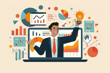 Poster - A man is holding a laptop and pointing at a screen with a lot of graphs