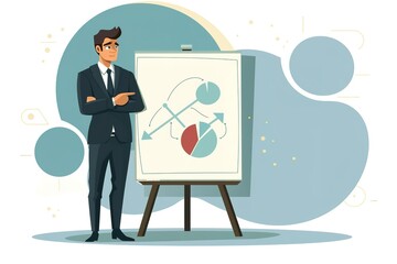 Poster - A man stands in front of a white board with a pie chart on it