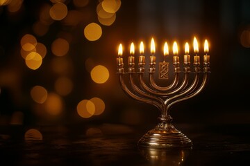 A shining menorah with eight candles lit, casting a warm glow against a blurred background of golden lights.