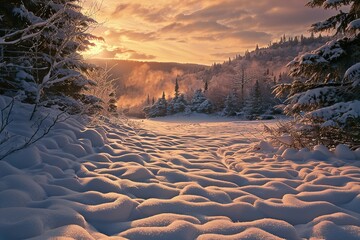 Wall Mural - A snowy landscape with a sun setting in the background