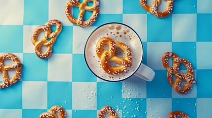 Wall Mural - Oktoberfest background A mug of coffee sits on a blue and white checkered table with a pile of pretzels surrounding it