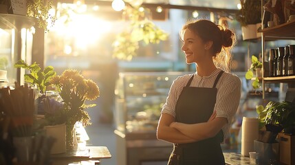 small business owner welcoming a customer, cozy boutique, sunlight streaming through, frontfacing sh