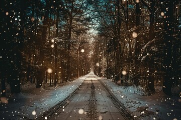 Wall Mural - A snowy road with trees in the background