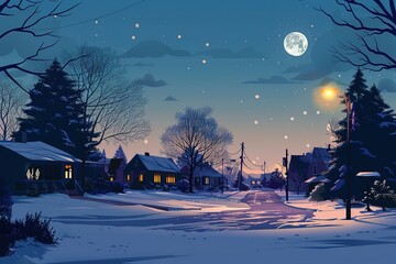 Wall Mural - A winter scene with a full moon in the sky