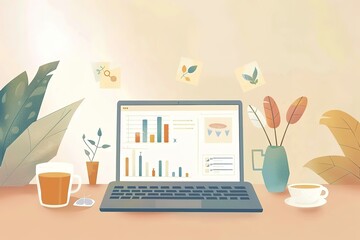 Poster - A laptop is open on a desk with a vase of flowers and a cup of tea