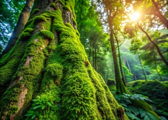 Wall Mural - Lush Green Moss on Tree Trunk in Angka Wood, Inthanon International Park, Chiang Mai – A Serene Nature Scene Capturing the Beauty of Forests and Biodiversity