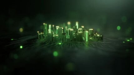 Poster - A surreal green cityscape emerges from a dark background, illuminated by glowing vertical lines and particles, creating a futuristic atmosphere.