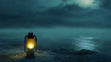 a solitary lantern glowing softly on a moonlit beach with the sea in the background