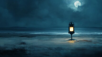 Wall Mural - a solitary lantern glowing softly on a moonlit beach with the sea in the background