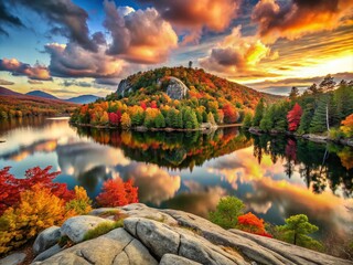 Wall Mural - Majestic Double Exposure of Rocky Mountaintop at Sunset Overlooking Lake Dunmore and Autumn Forests, Capturing Nature's Serenity and Colorful Landscapes