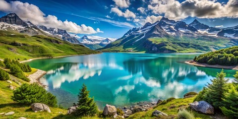 Wall Mural - Majestic View of Lac du MontCenis in the French Alps Surrounded by Lush Greenery and Snow-Capped Mountains, Perfect for Nature Lovers and Adventure Seekers