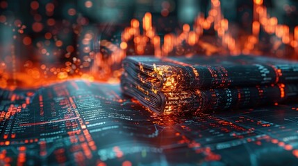 Poster - A digital representation of data and analytics with glowing charts and rolled papers.