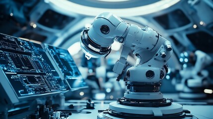 Poster - Futuristic robotic arm in a high-tech factory.
