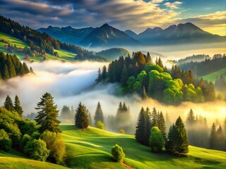 Wall Mural - Mystical Forested Mountains Blanketed in Fog Over Serene Meadows, Capturing the Essence of Nature's Tranquility and Enchantment in Stunning Architectural Photography