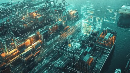 Poster - advanced technology in freight forwarding, with a digital dashboard tracking cargo across the globe.