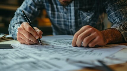 Wall Mural - a close-up of a male architect sketching design concepts, with a focus on his creative process
