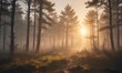 © Maneerat - Softly glowing sun casting warm light on a misty forest, soft focus, calming environment, misty forest
